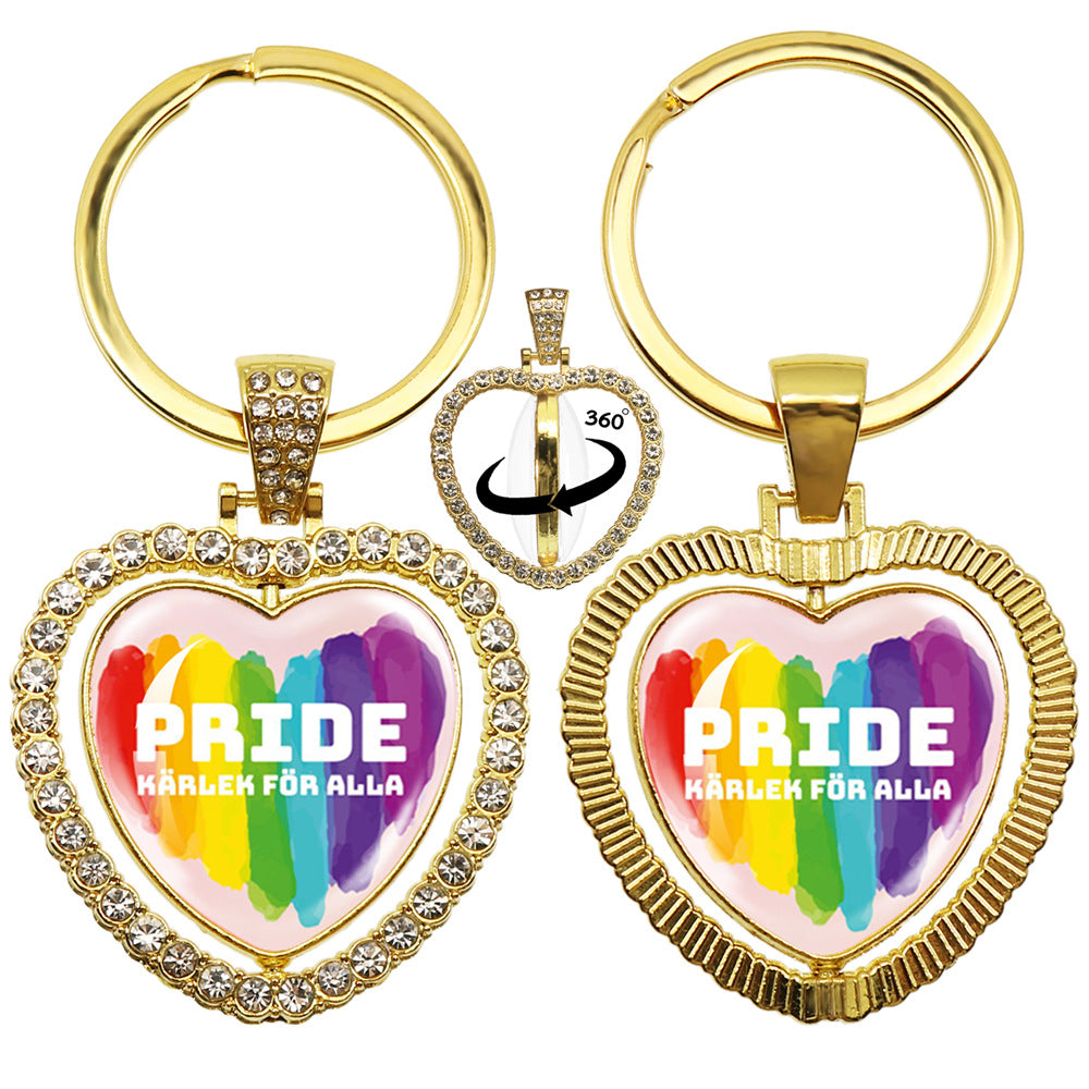 Wholesale LGBT Rainbow Rhinestone Heart Shaped 360 Degree Rotating Double Sided Metal Keychain